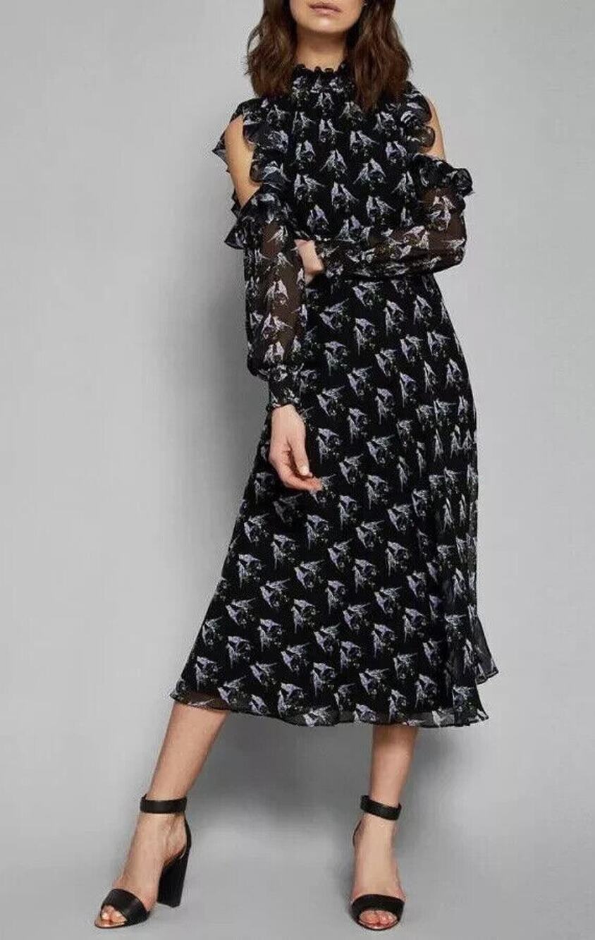 Ted Baker Hilaina Love Birds Midi Dress Black Cold Shoulder Size 0 or US 2